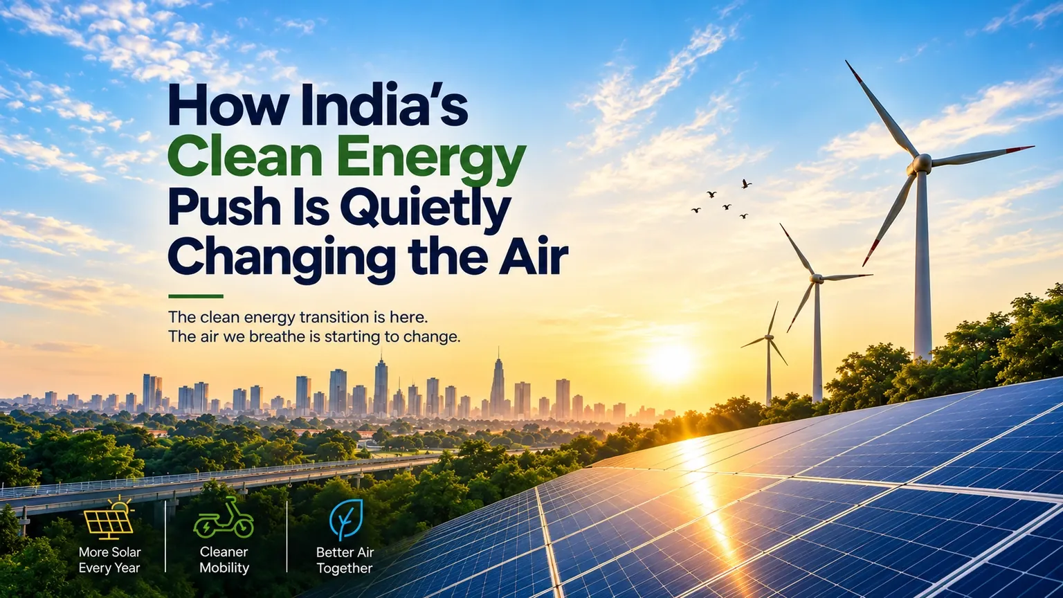 Wind turbines and a utility-scale solar array at sunrise above a hazy Indian city skyline, captioned with more solar every year, cleaner mobility and better air together
