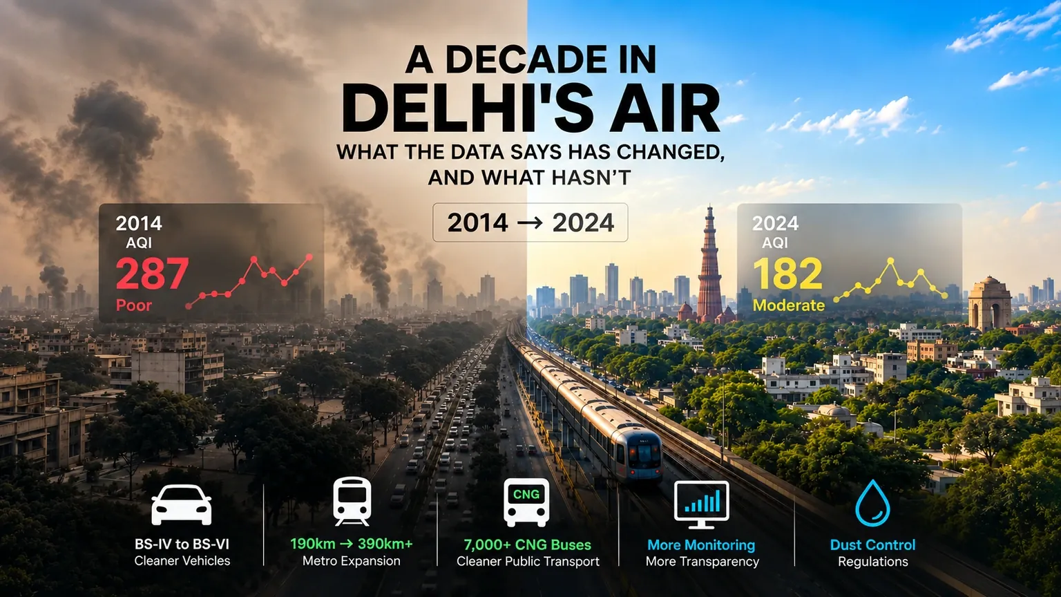 Split view of the same Delhi corridor a decade apart — smog-choked and grey on the 2014 side, clearer with a Metro train and green cover on the 2024 side — with AQI readings of 287 and 182 and icons for BS-VI vehicles, Metro expansion, CNG buses, monitoring and dust control