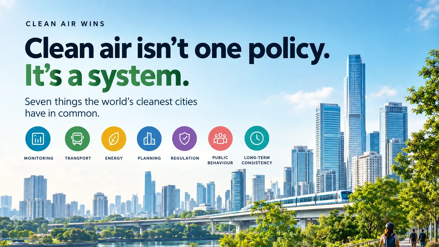 A clear-sky city skyline seen across a river, with green riverside walking and cycling paths and an elevated metro train, under the headline "Clean air isn't one policy. It's a system." and seven icons for monitoring, transport, energy, planning, regulation, public behaviour and long-term consistency